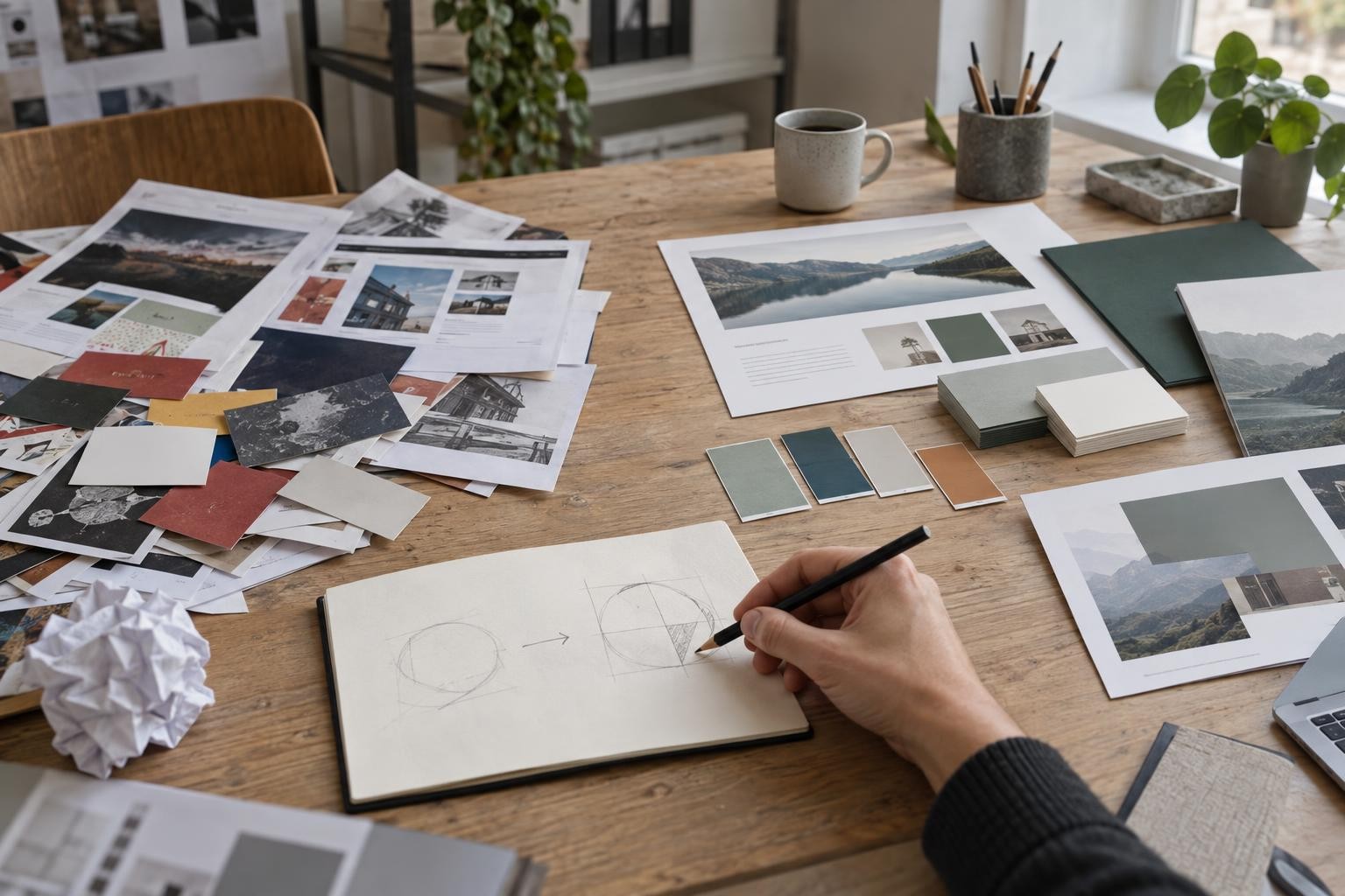 Supports de marque disparates et nouvelles pistes visuelles réunis sur une table de travail