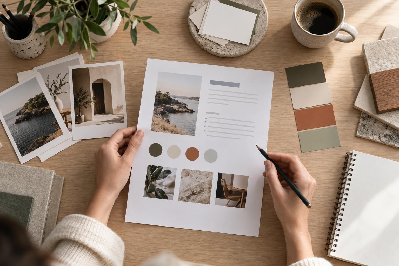 Brief de projet de marque posé sur une table avec des références visuelles, des couleurs et un carnet de notes