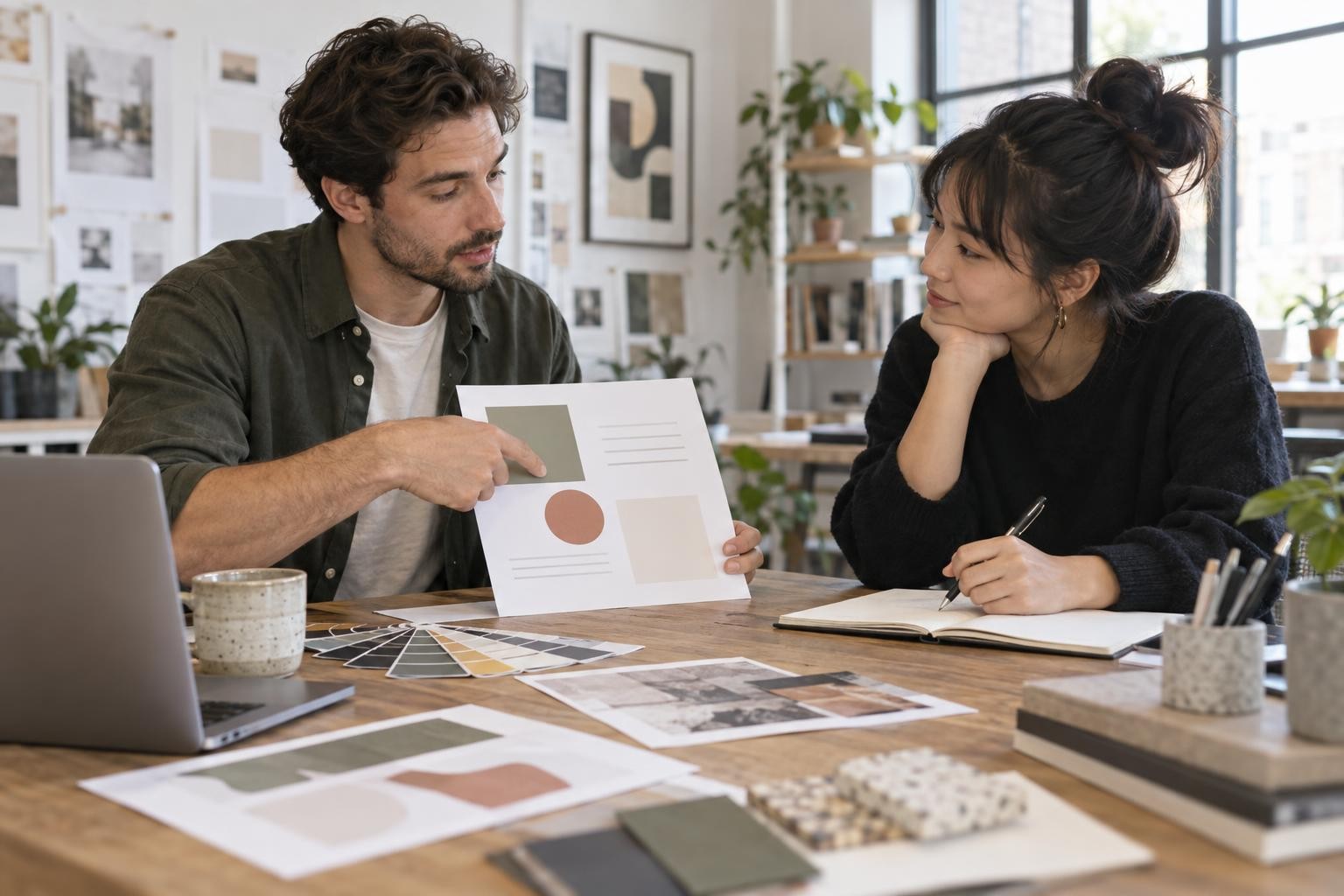 Une dirigeante et un designer discutent d’un brief de marque autour d’une table de travail