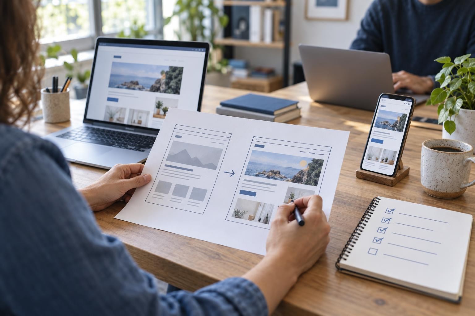 Une personne prépare une modification de page Odoo sur ordinateur et téléphone à partir d’une maquette et d’une checklist