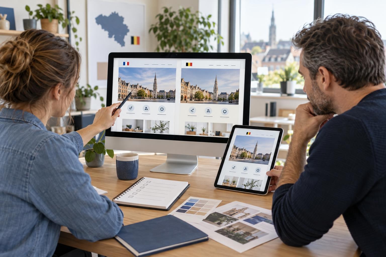 Une équipe compare deux versions linguistiques d’un site Odoo sur ordinateur et tablette à Bruxelles