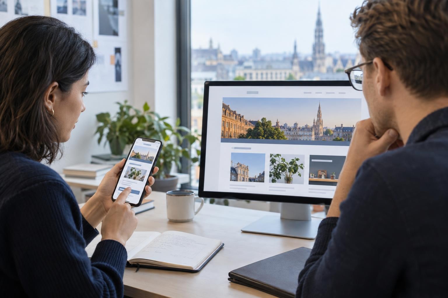 Une équipe vérifie une version traduite d’un site web sur téléphone et écran avant publication