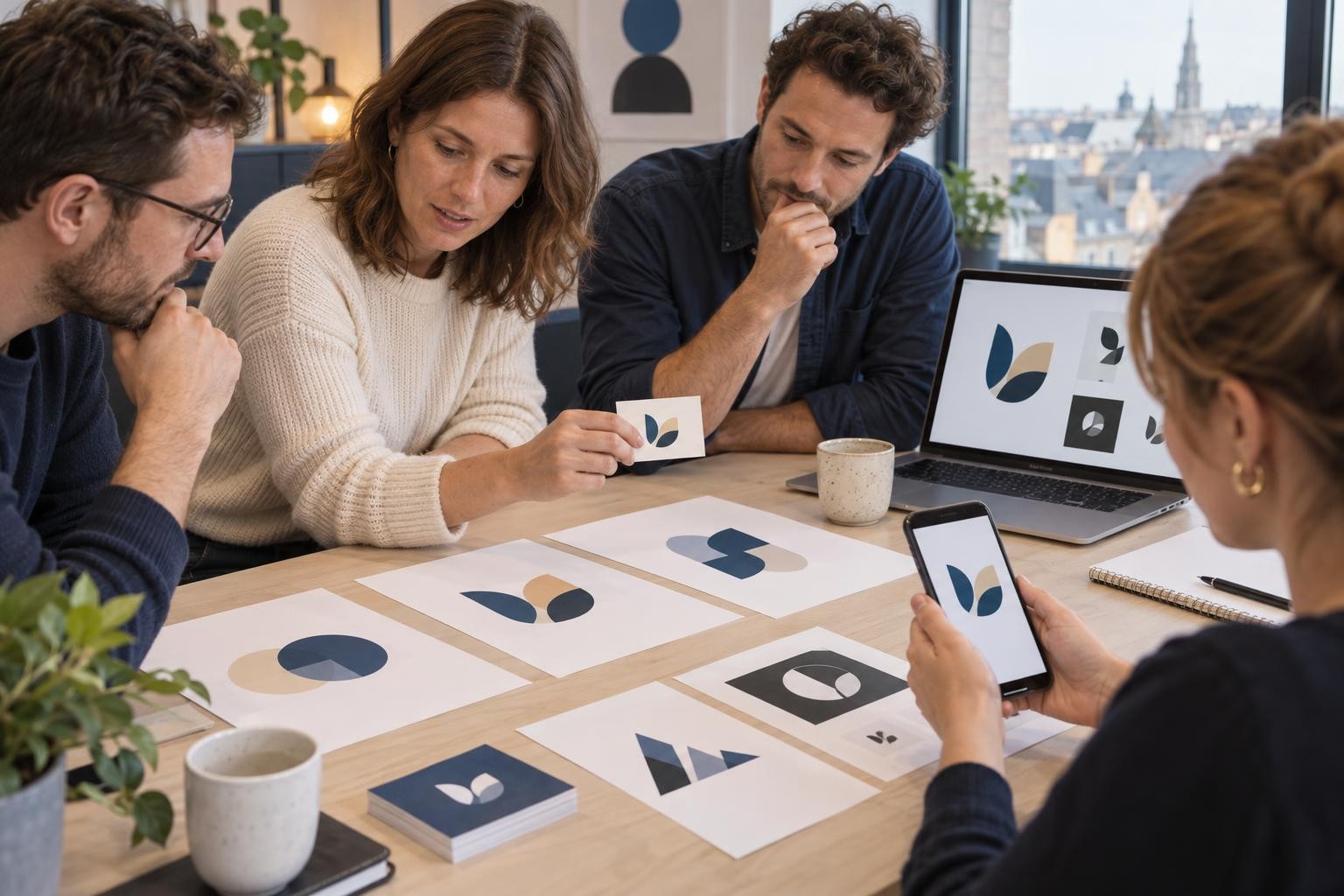 Une équipe de PME compare plusieurs pistes de logo sur des supports imprimés et numériques