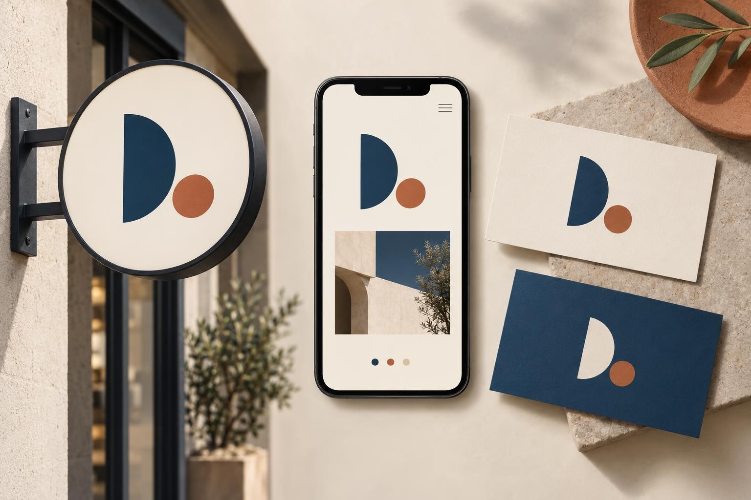 Un logo testé sur une enseigne, un écran de téléphone et des supports imprimés