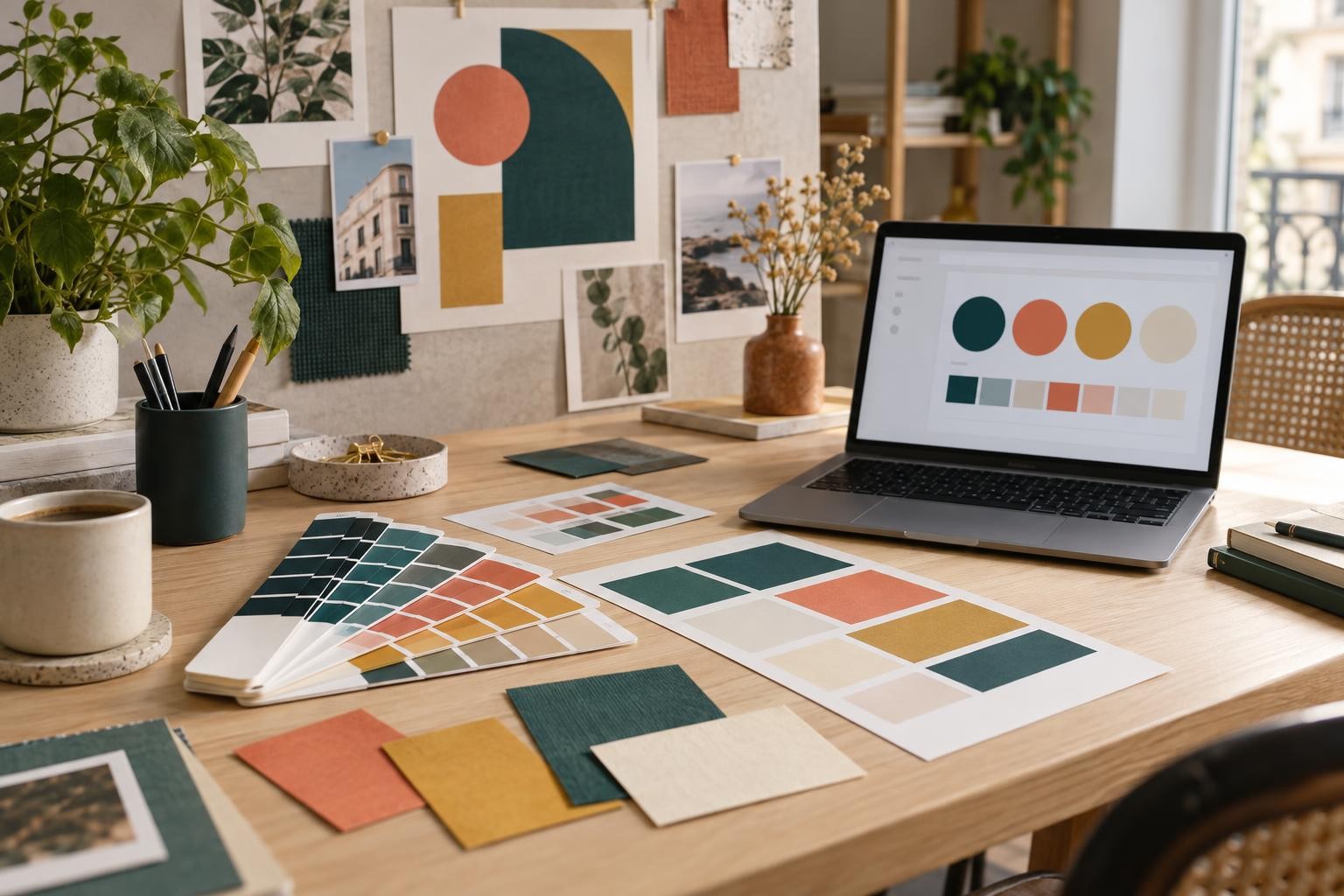 Échantillons de couleurs organisés pour créer une palette de marque avec une couleur principale, des secondaires, un neutre et un accent