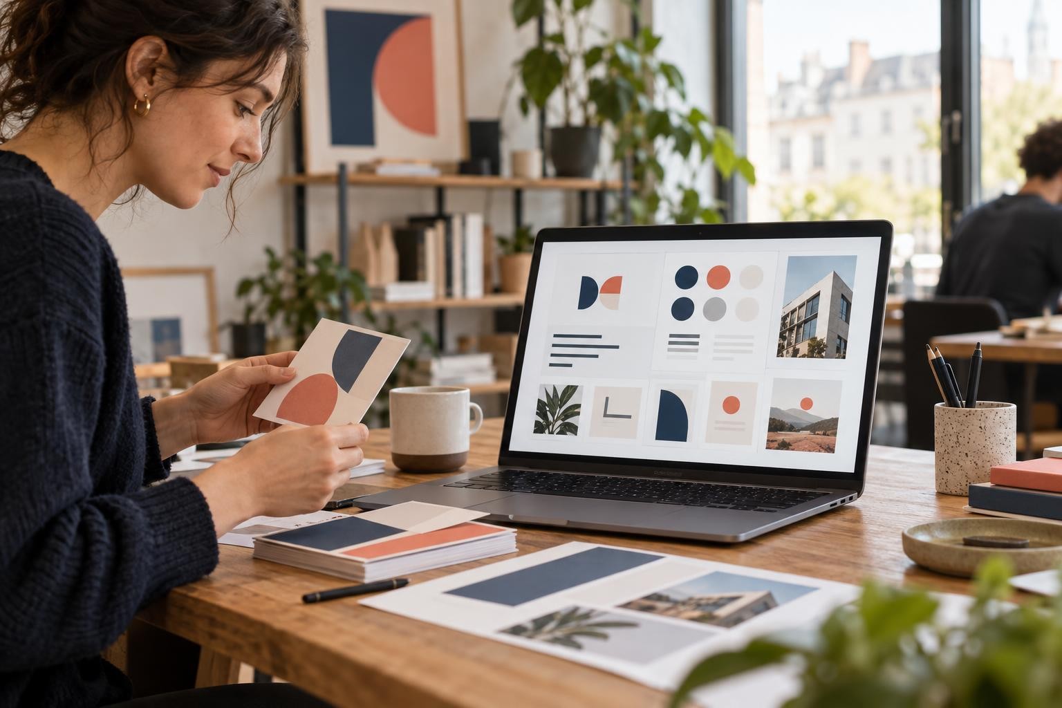 Une responsable de marque compare une palette et des exemples de modèles sur un ordinateur portable