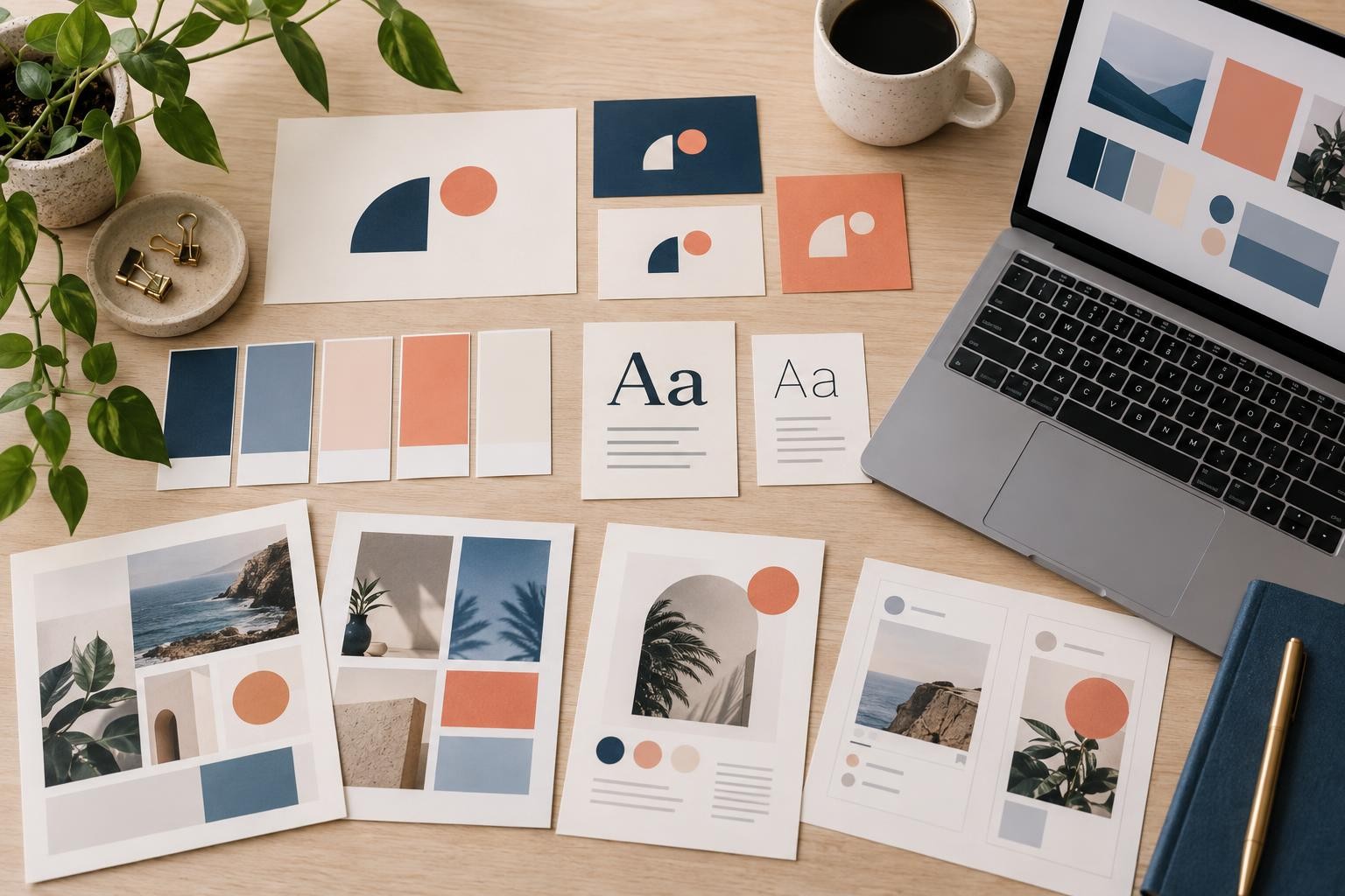 Des exemples de palette, de typographie et de mises en page organisés pour documenter une identité visuelle