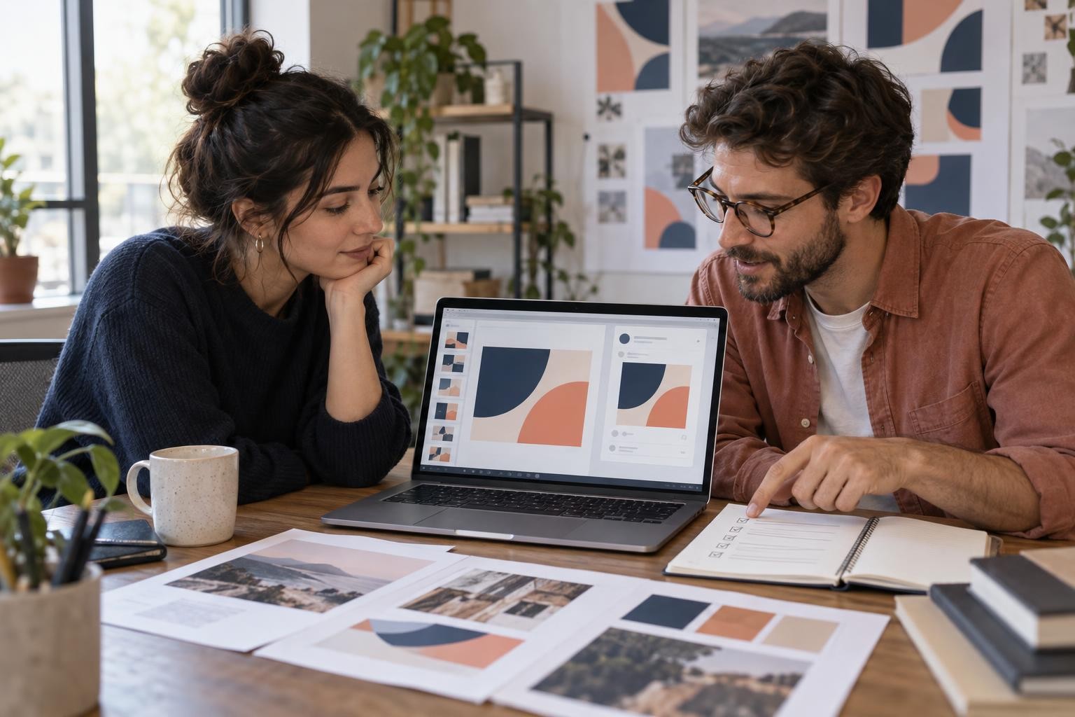 Deux collègues testent un modèle graphique ensemble et vérifient les règles avant de publier un support