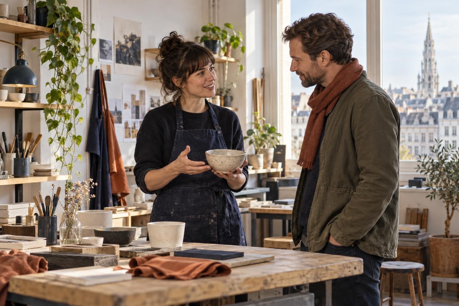 Une artisane échange avec une cliente dans son atelier, un exemple de relation client à montrer sur une page À propos