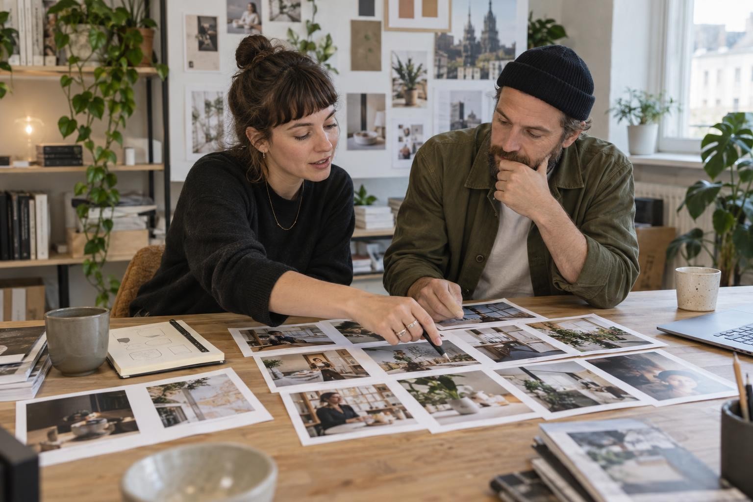 Une équipe de PME et une designer comparent des photos de marque sur des planches de sélection