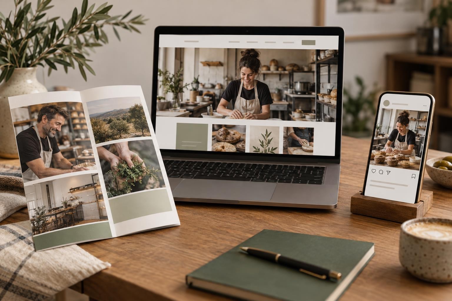 Une même direction photographique mise en page sur un site web, une brochure et un téléphone