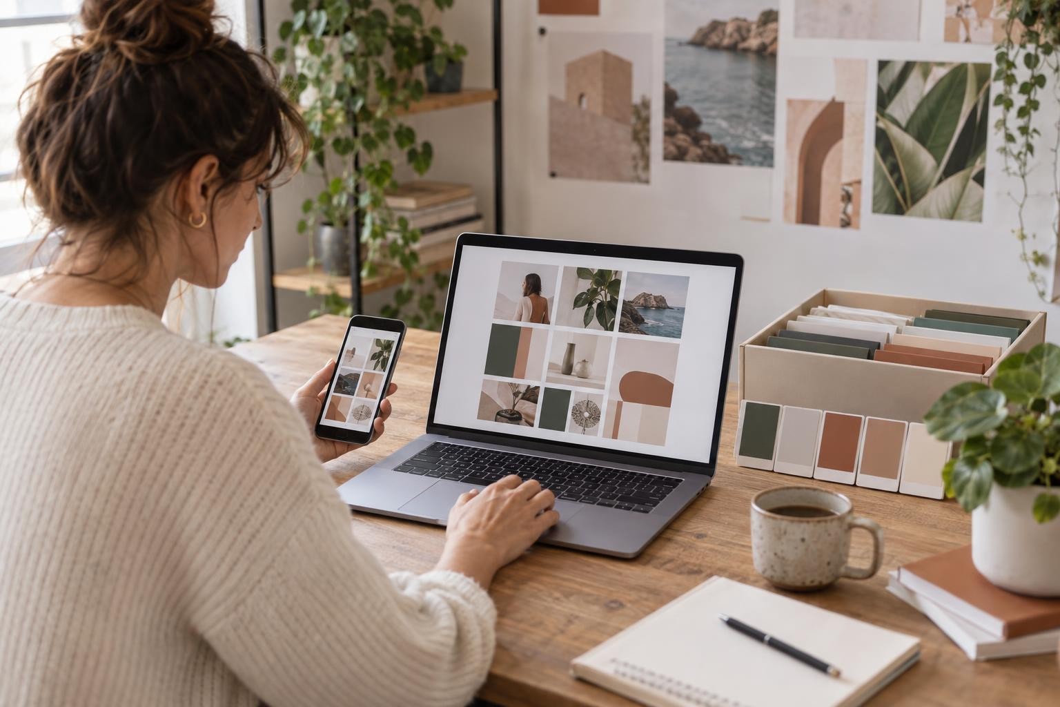 Une membre d’équipe compare l’apparence des visuels sur un téléphone et un ordinateur