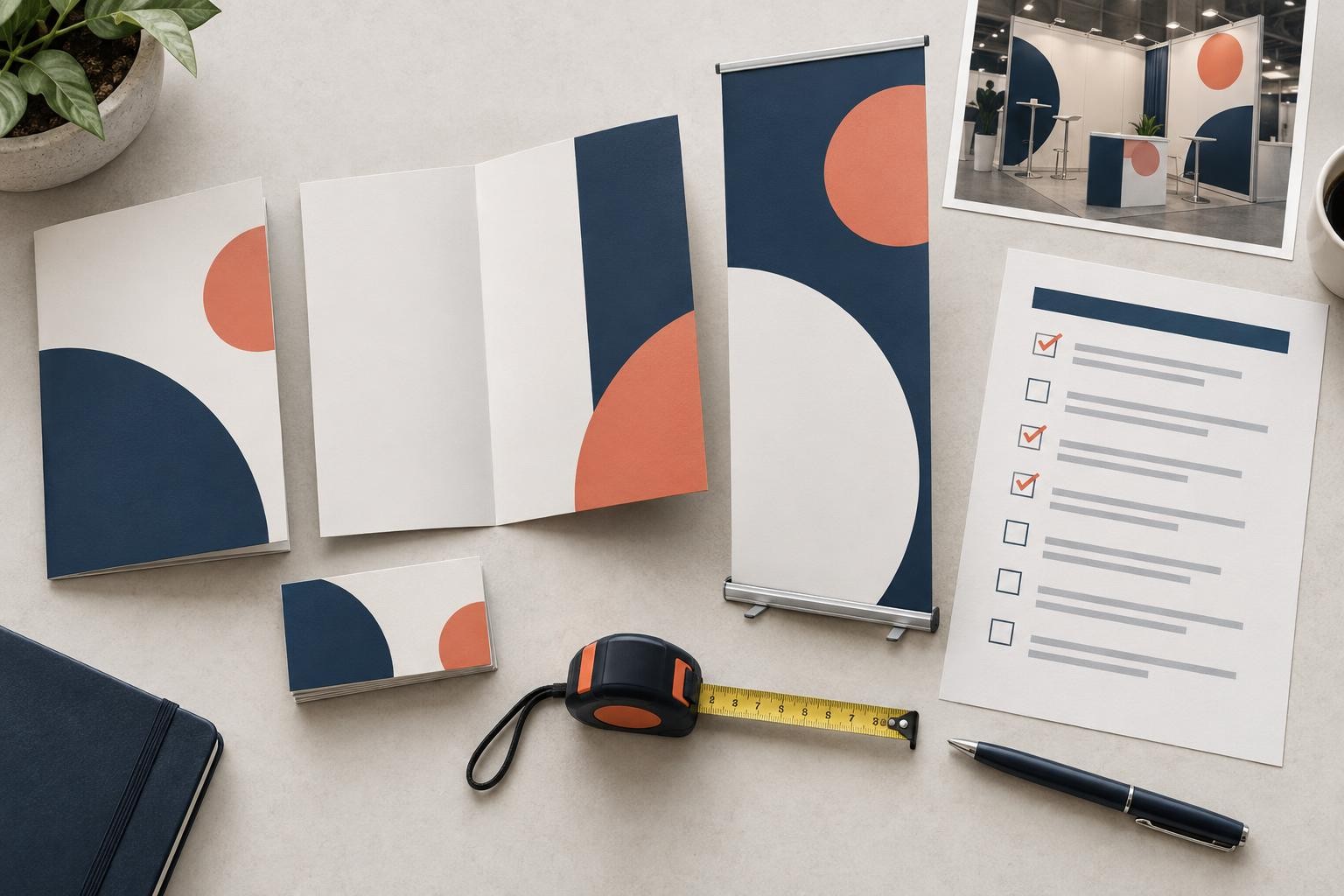 Supports de communication préparés pour un salon professionnel : brochure, bannière et checklist visuelle