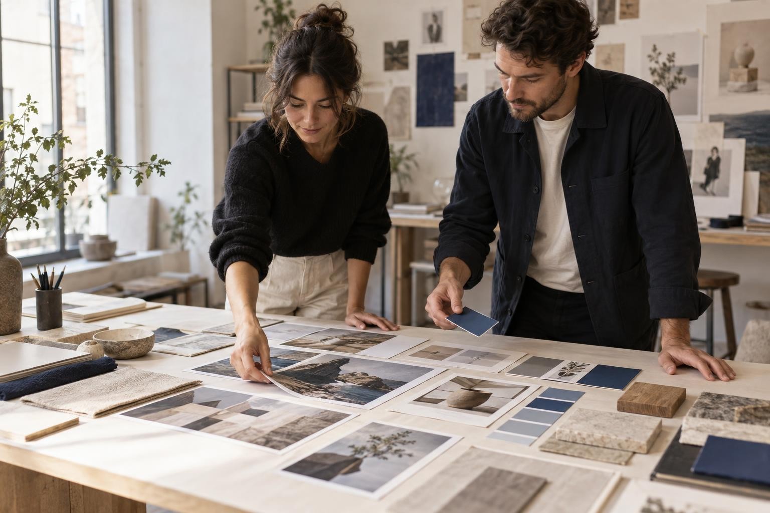 Une designer et une dirigeante de PME rassemblent des références pour créer un moodboard de marque