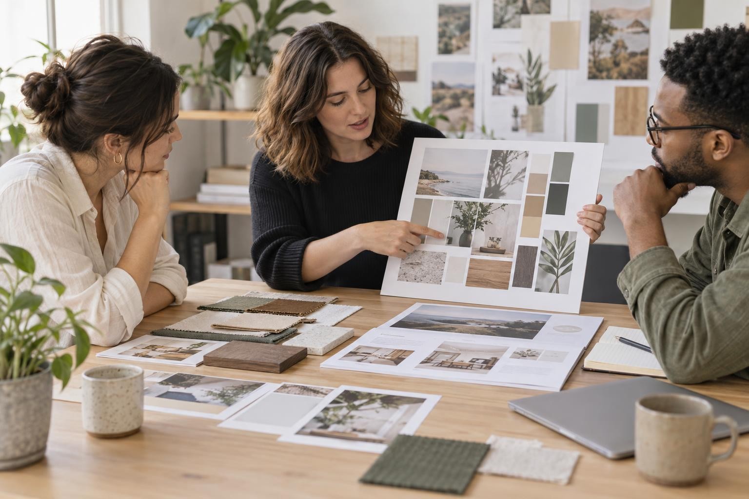 Une équipe de PME examine un moodboard et compare sa direction visuelle aux supports de l’entreprise